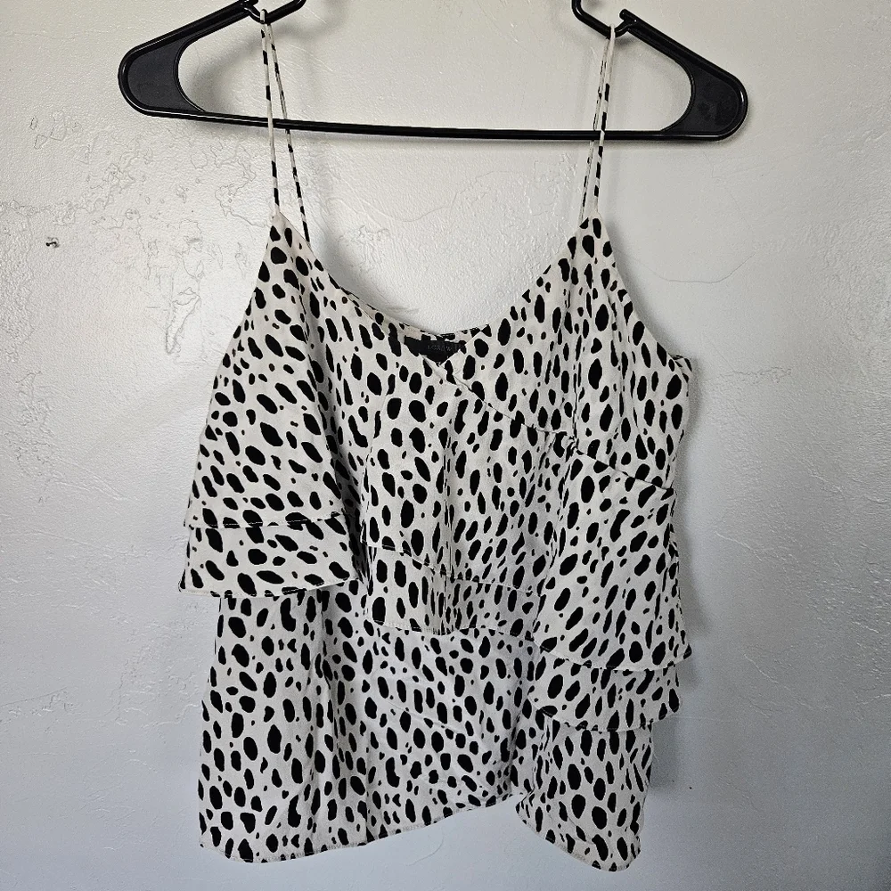 J.Crew Women's 4 100% Silk Stylish Black White Polka Dot Tank Top Ruffle Blouse